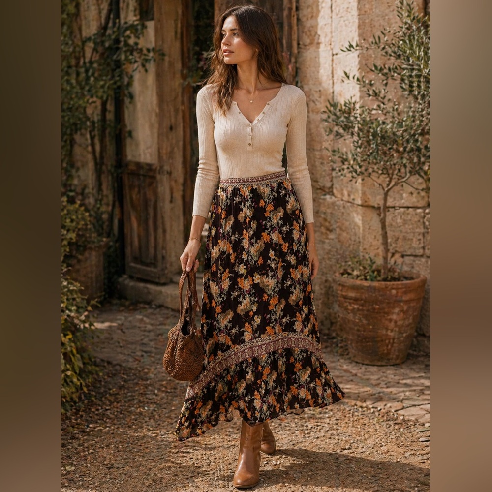 Rachel Roy Floral Midi Skirt Rayon M Brown
